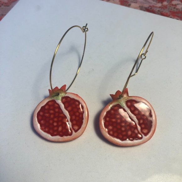 Red Pomegranate Hoop Earrings with Gold Hoops (Made with Polymer Clay & Resin) - Picture 2 of 12